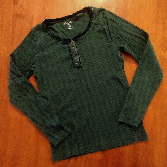 Eddie Bauer Tops - Eddie Bauer Green Velvet Trim Ribbed Henley Top